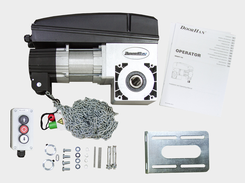 Operator, three-button control box, hardware, lock rings